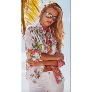 Cino St Tropez White Floral Button Down Shirt XL Cotton Relaxed Fit EUC